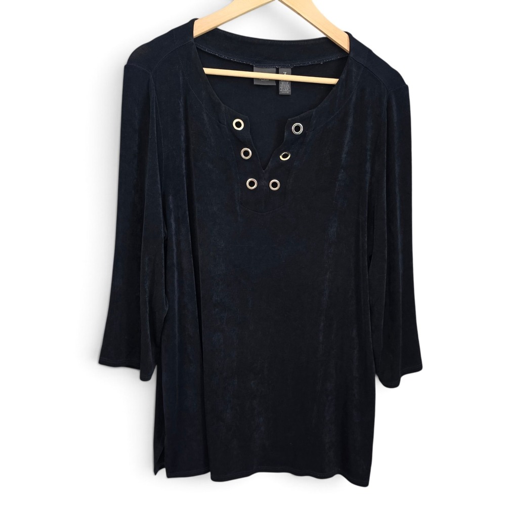 Chicos Travelers Top Womens 3 XL 16 Dark Navy Blue Grommet Slinky V Neck Tunic